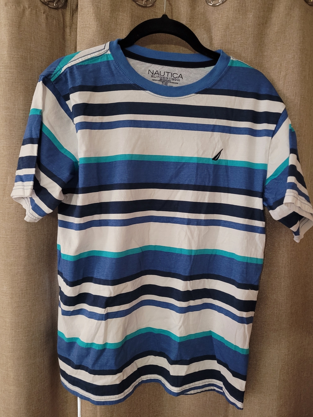 Nautica Boys XL- Blue & White Striped Crew Neck Tee